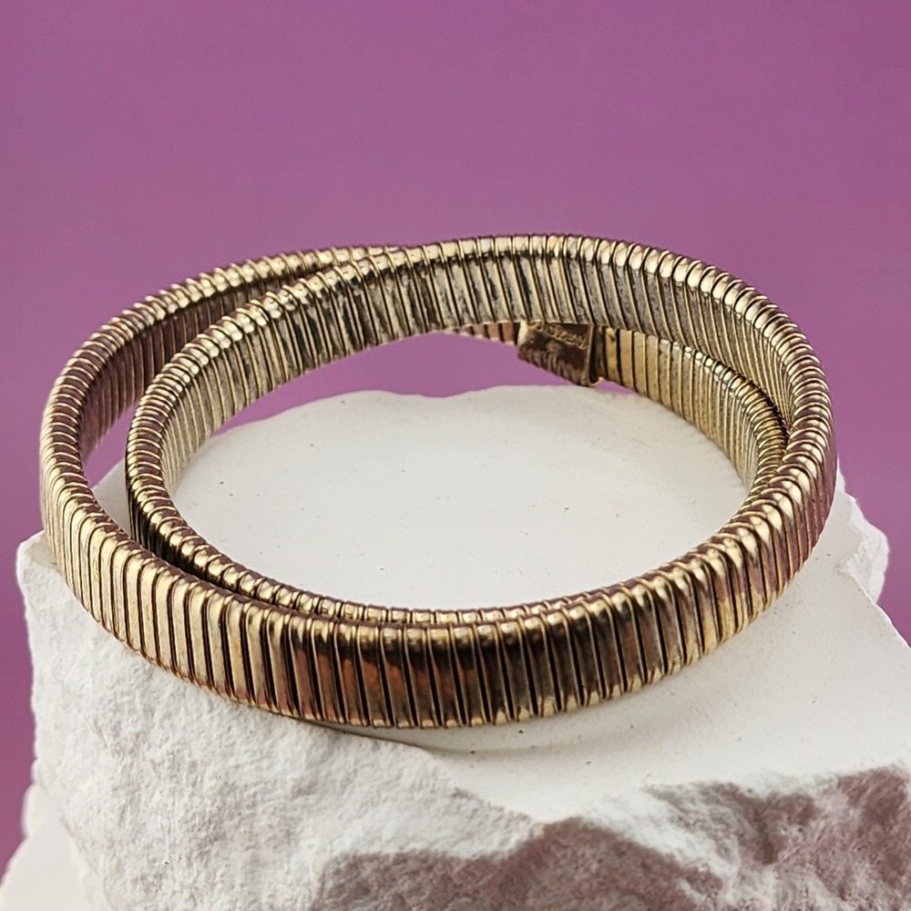 J.Crew Gold Tone Stretch Bracelet Set Ribbed Flexible Coil Bangle Statement